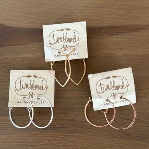 Tumbleweed 3 pairs of hoop earrings. Gold/rose/silver